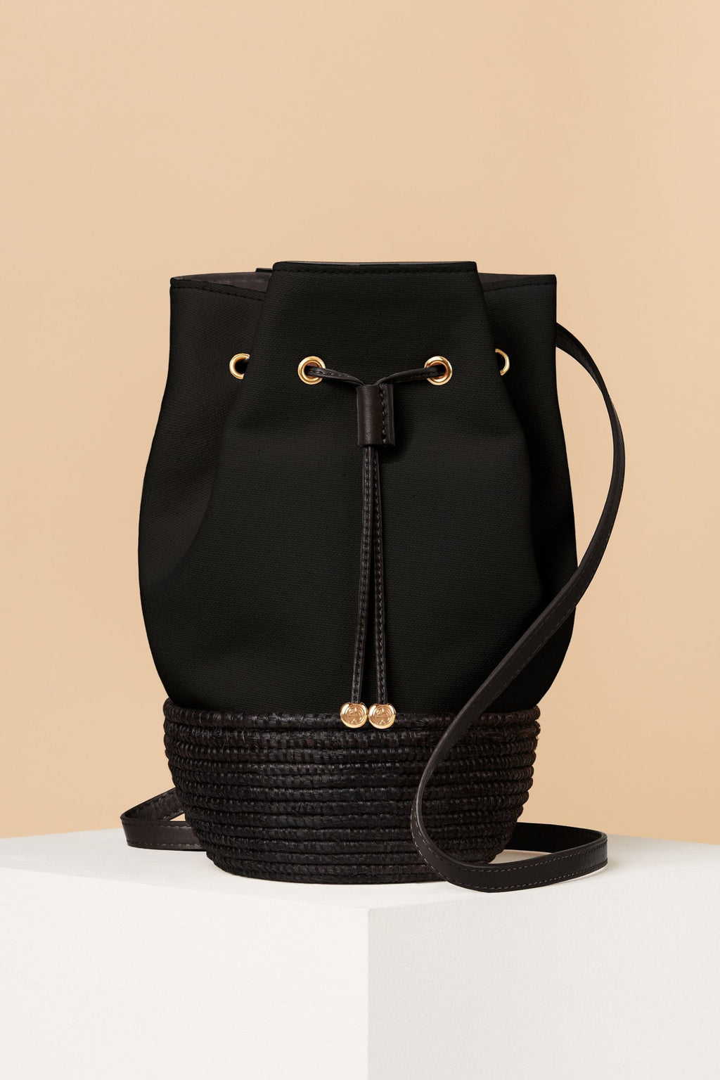 PRADA Small Woven Leather Bucket Bag in Black