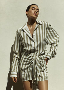 Anemos Dresses L.A. Button-Down Wrap Mini Dress in Striped Stretch Twill